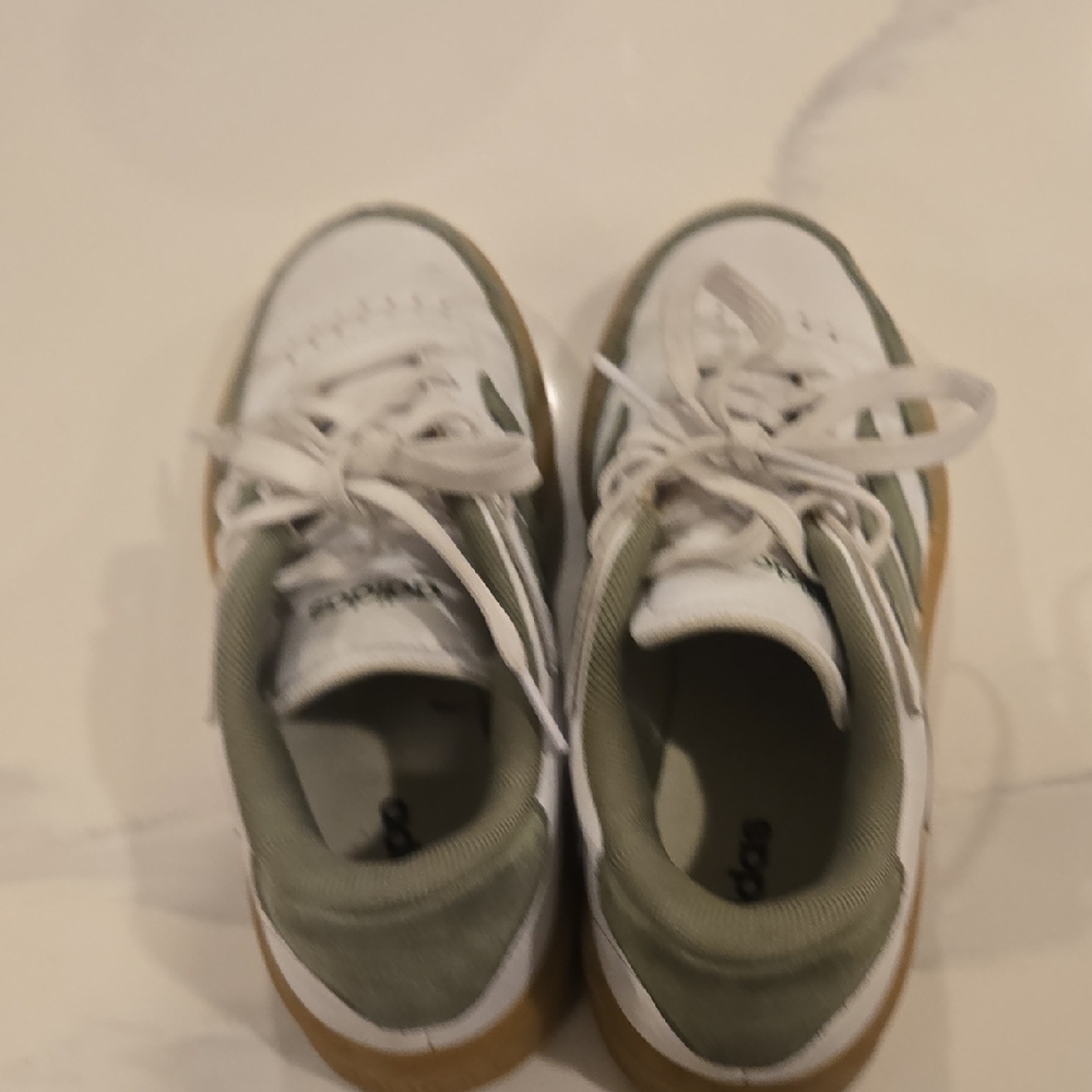 adidas White and Olive Green Sneakers with Gum Sole - Picture 3 of 7